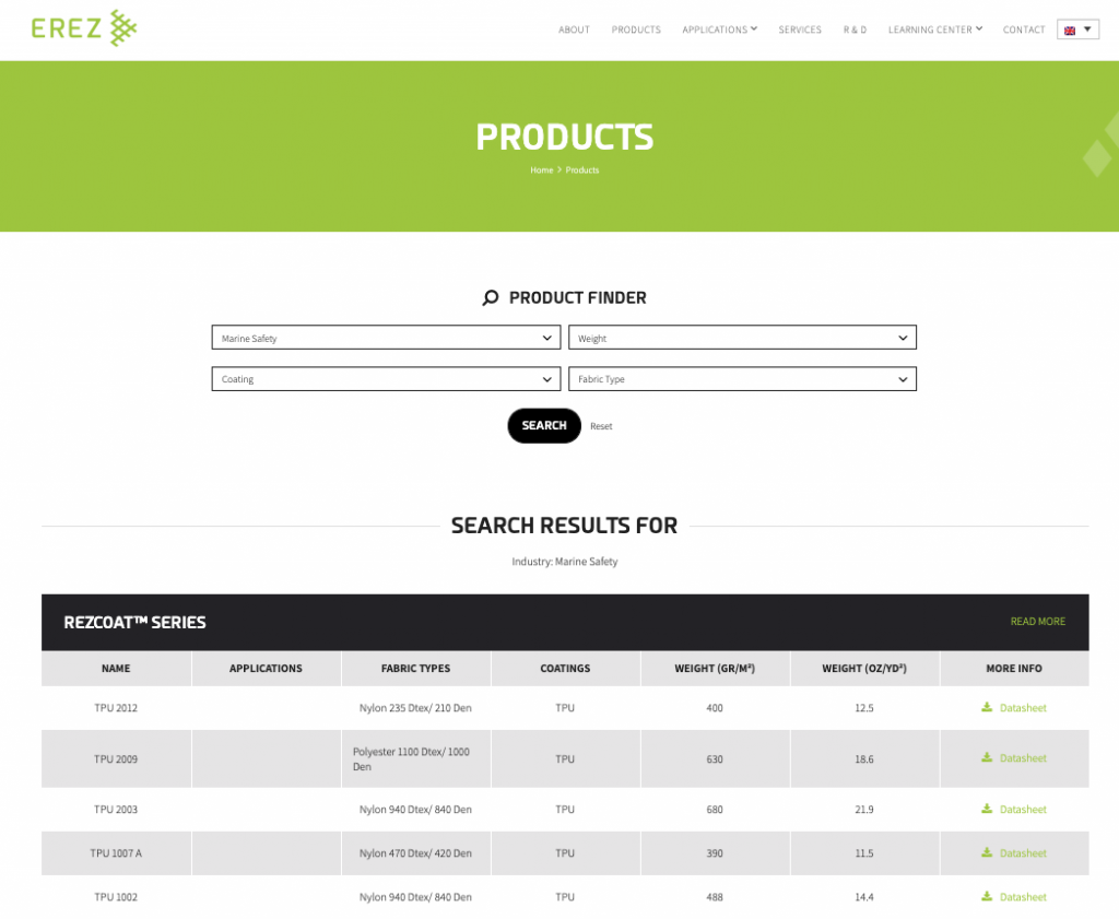 Product data sheet website