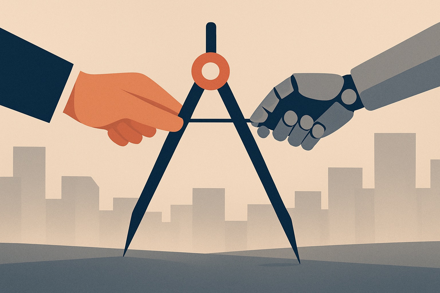 Human and robot hands struggling over a compass, symbolizing the strategic tension in ai b2b marketing
