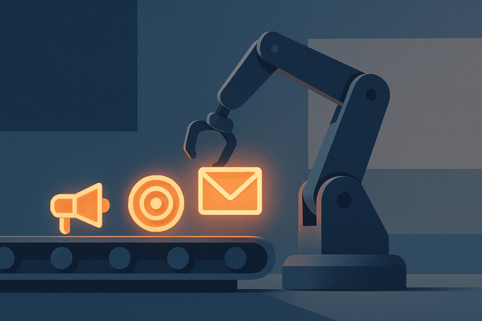 Robotic arm assembling digital marketing symbols on a factory conveyor belt, representing AI marketing for manufacturers